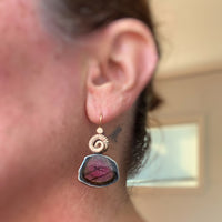 Striated Watermelon Tourmaline Slice Earrings with Octopus Tentacles